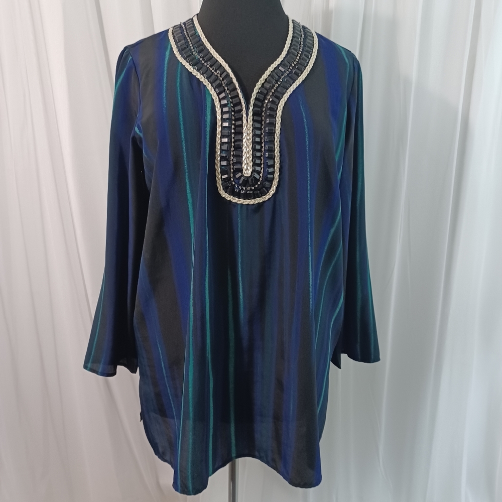Grace Elements Navy and Teal Tunic with Beaded Neckline Size: 2x